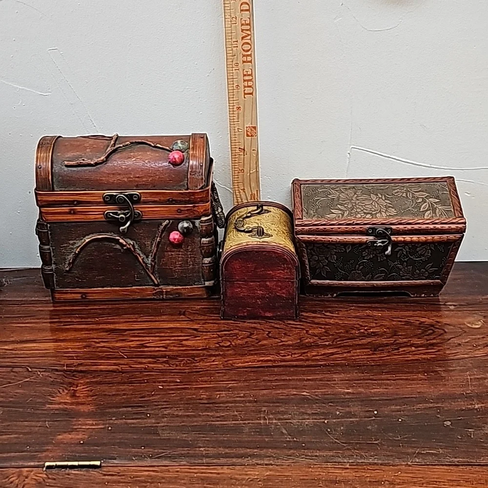 3 vintage wooden boxes with metal hinges and latch closures trinket storage - Picture 11 of 16